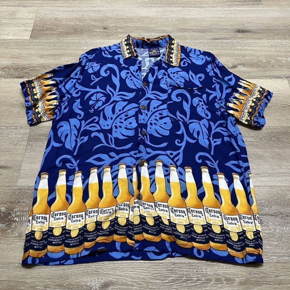 Corona Extra Bottle Blue Aloha Hawaiian Button Down Shirt Size Large